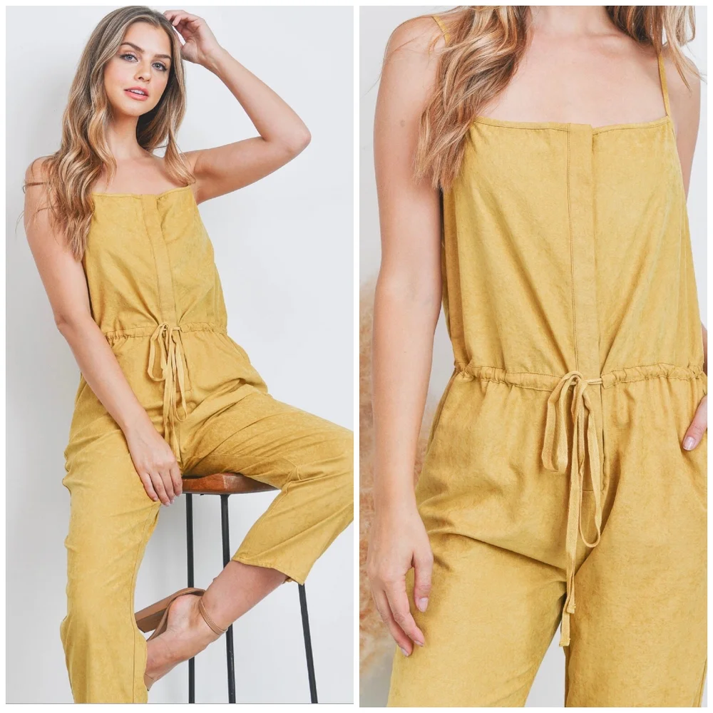 BLUE BLUSH Chic Mustard Woven Sueded Spaghetti Straps Jumpsuit - Picture 3 of 6